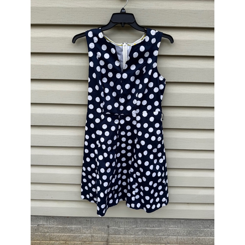 Boden Retro Polka Dot Fit & Flare Dress Navy Blue size 12 Sleeveless Belted